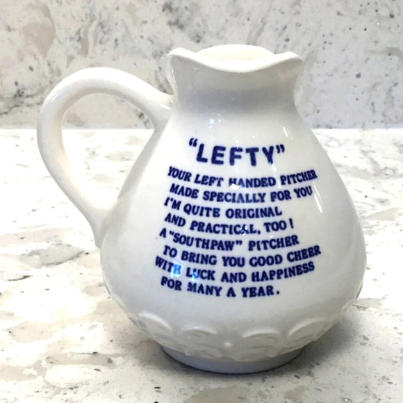 Vintage "LEFTY" Blue Floral Design 8 ounce Ceramic Pitcher 4"x4" - Picture 2 of 7